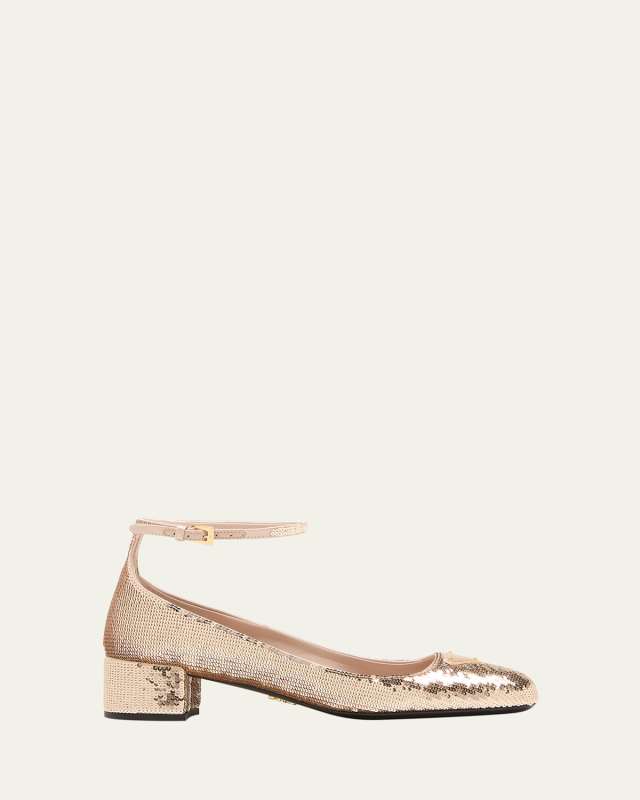 Sequin Ankle-Strap Ballerina Pumps